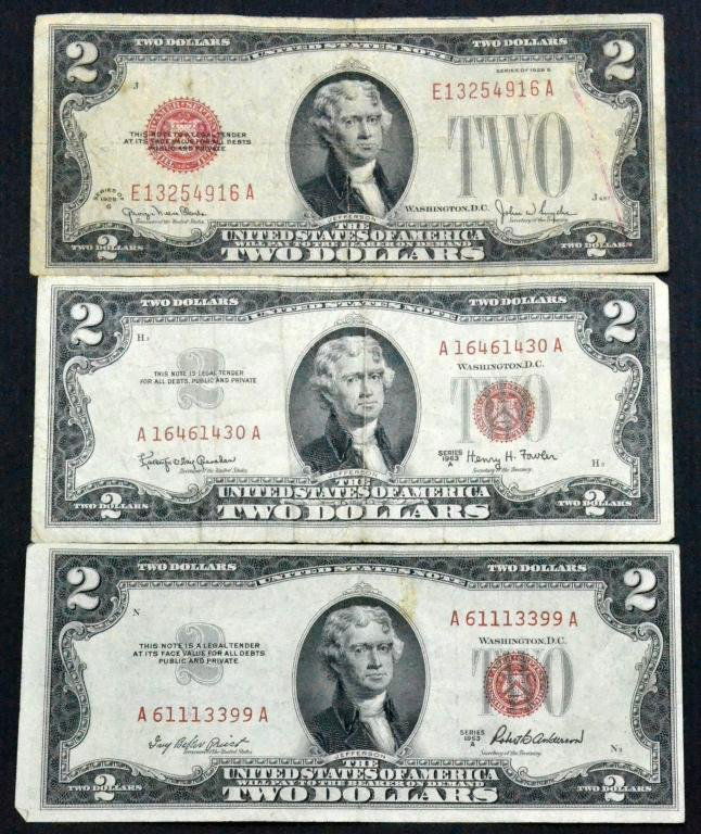 (18) U.S. One, Two, Five Dollar Bills: To include 13 series 1957 one dollar bills, three two dollar bills series 1929, 1953, 1963, three five dollar bills series 1934, 1950, 1963. Conditions of bills vary.