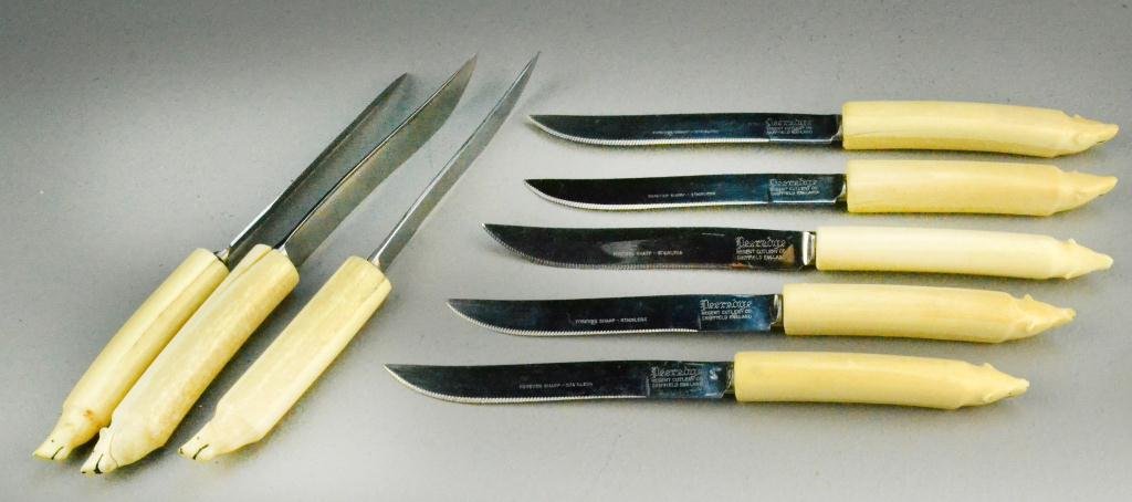 (8) Inuit Walrus Ivory Steak Knives: Includes eight knives with walrus ivory carved to resemble the head of a polar bear, each knife marked Peeredge, Regent Cutlery Co., Sheffield, England, Forever Sharp stainless steel blades, each knif