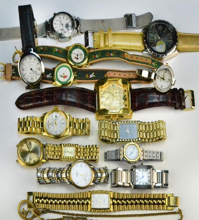 (16) Wristwatches and Watch Fob: Including fifteen wristwatches labeled Skagen, John Weitz, Citizen, Seiko, replica Cartier and Rolex, and more, one watch fob, circa 20th century Condition: Varies Private collection Fort Gratiot, MI