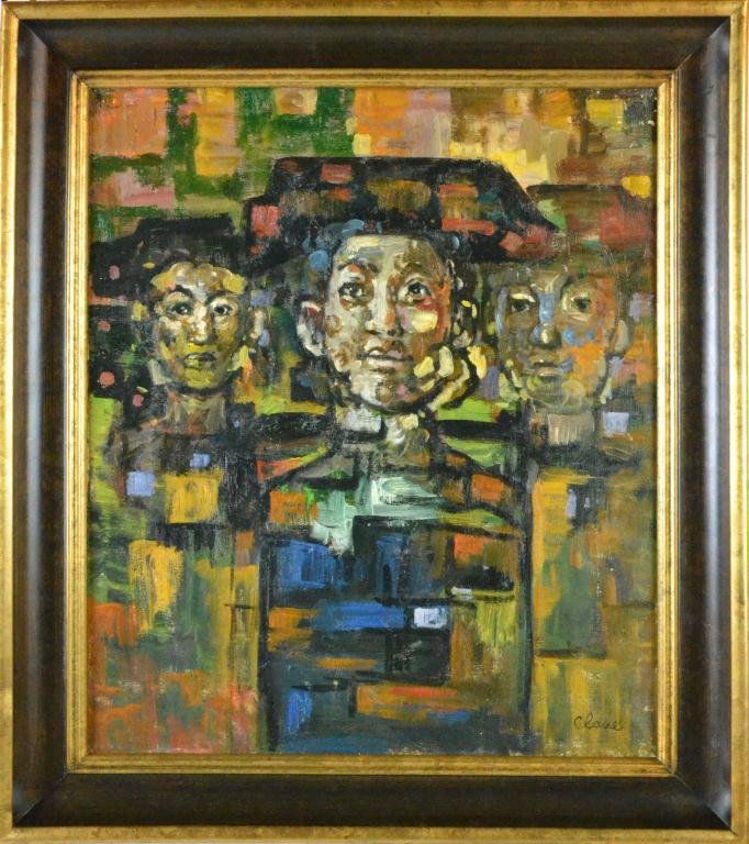 Bears the Signature of Clave - Oil Painting on Canvas: Depicting abstract figures, signed Clave lower right, Antoni Clave (1913-2005) a French/Spanish artist known for mixed-media avant-garde painting, 24" H x 20" W sight, 29.5" H x 25.5" W frame. Conditi