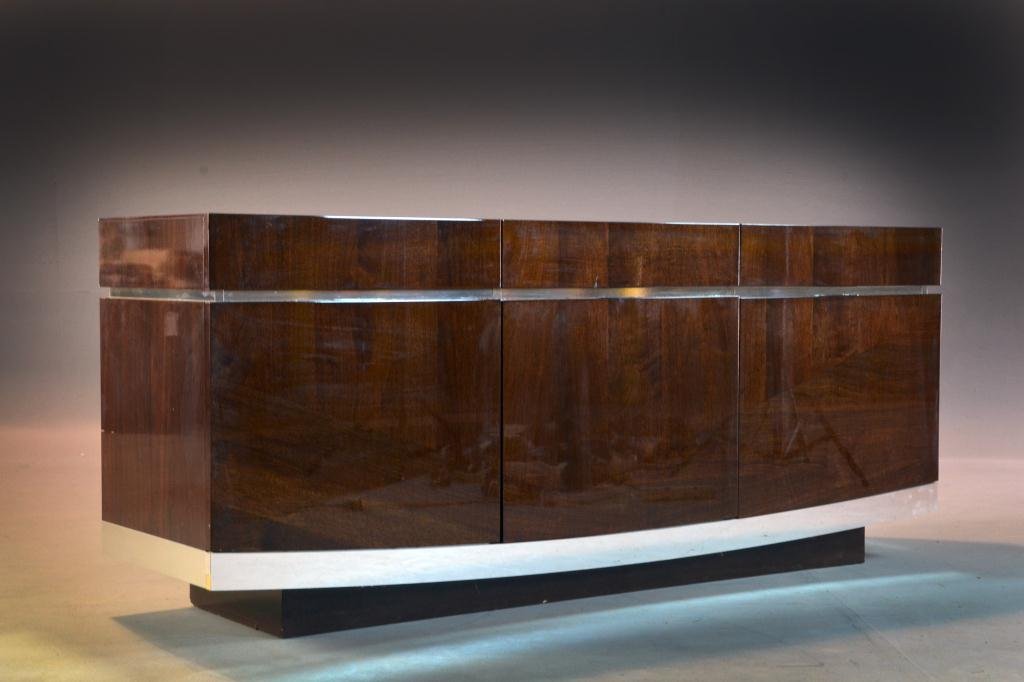 Mid Century Italian Rosewood Credenza: Italian ALF Group Design laminated wood, chrome and dark tempered beveled glass credenza, 33" H x 78.5" L x 20.5" D, circa 20th century. Condition: light surface wear otherwise overall good condition.