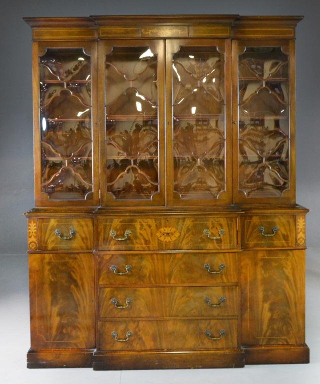 American Inlaid Federal Style Mahogany Breakfront: Top section with inlaid frieze, two middle doors opening to reveal two shelves flanked by two doors each opening to reveal 3 shelves, scalloped fretwork with convex glass, lower section having four ce