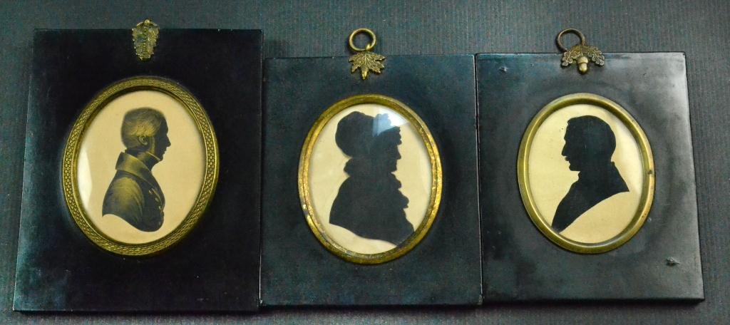 (3) American or English Silhouettes: Including one cut-out silhouette of a lady, one ink silhouette of a gentleman, and one ink silhouette with gold highlights of a gentleman by Miers Profile Painters depicting Sidney Campbell Henry Rope