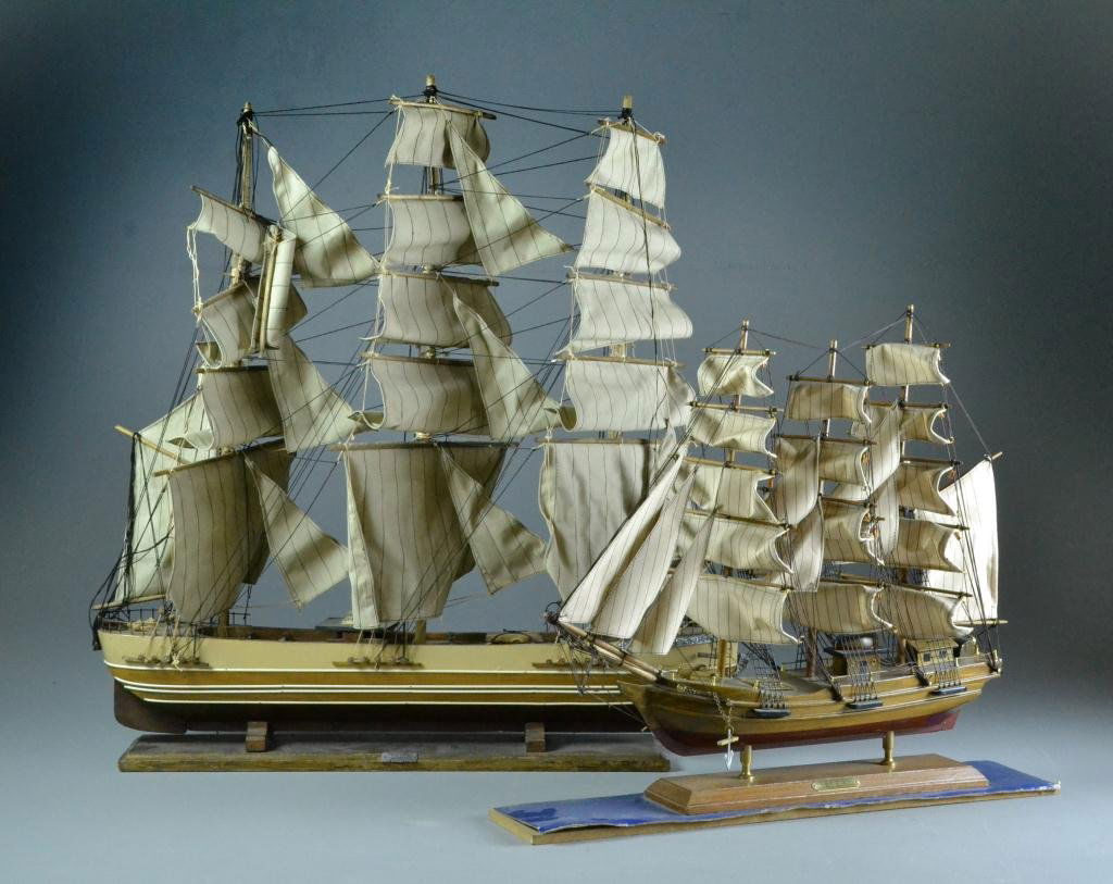(2) Sailing Ship Models: To include two 3-masted, full-rigged ship models, one marked 'The Bounty,' and the other marked 'The Sea Witch, built 1846,' circa 20th century, largest is 29.5" H. Condition: both have minor losses.