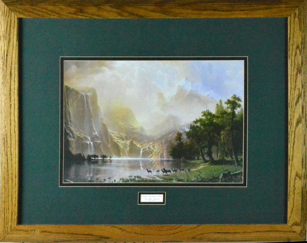 Albert Bierstadt Sierra Nevada In California Print: Titled Sierra Nevada in CA, Albert Bierstadt (1830-1902) was a German-American painter known for his romanticized western landscapes, 18.25" W x 12.5" H sight, 31" W x 25" H framed. Condition: Good, m