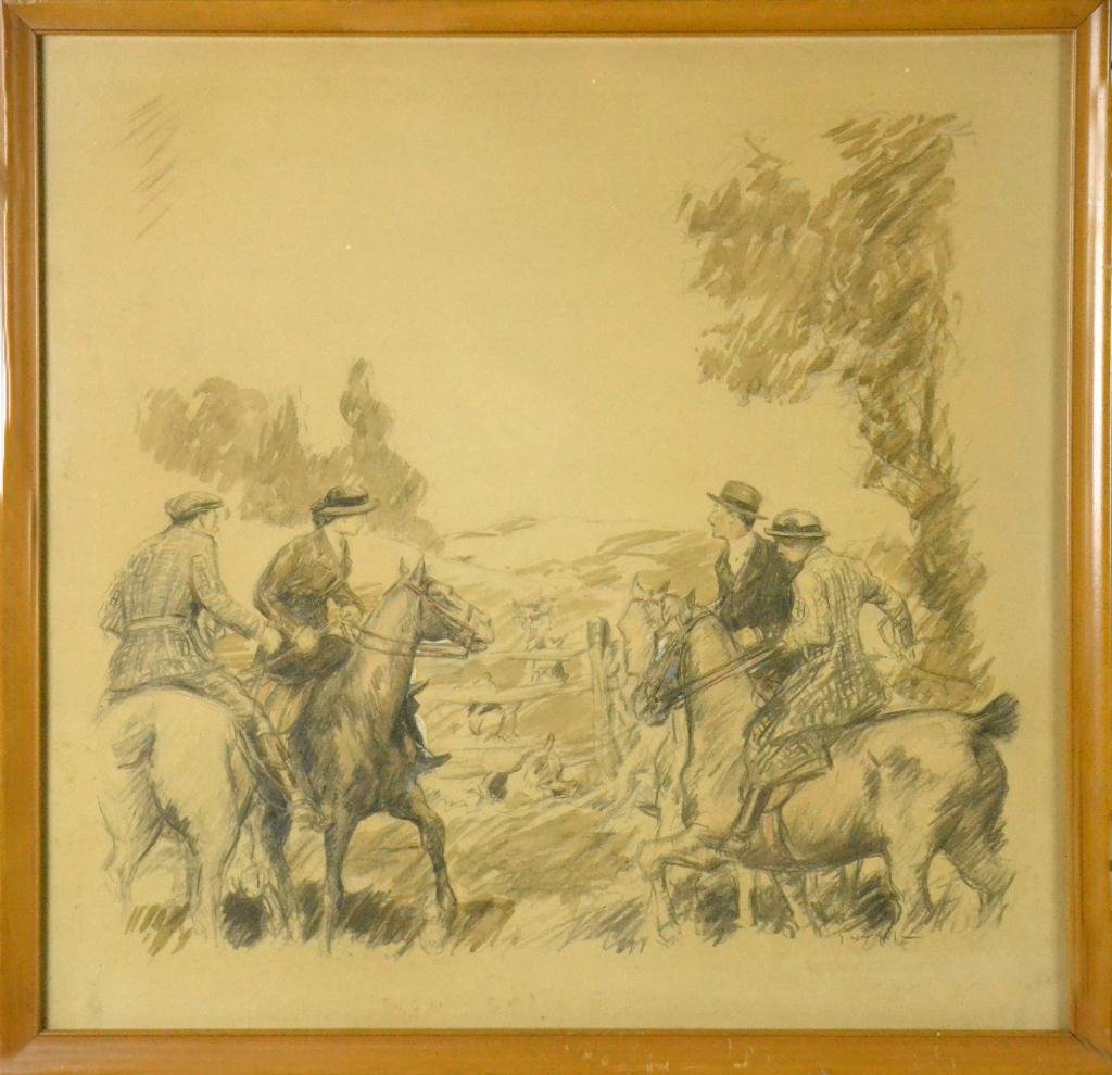 George Wright Pencil and Watercolor on Paper: Titled "The Hunt," depicting an image of two couples on horseback during a hunt in the countryside, signed LR G. Wright, George Hand Wright (1872-1951) was an American artist known for his town-landsc