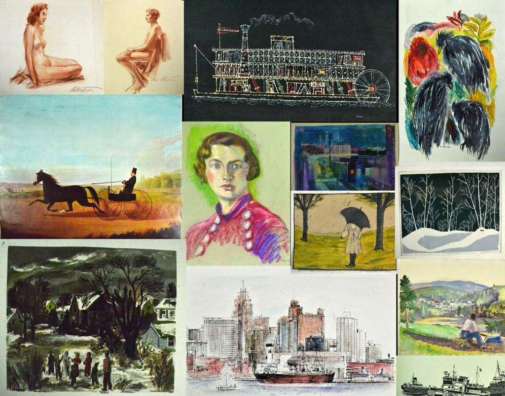 (33)Portfolio by Various Artists on Paper and Canvas: Including watercolors, pastels, pencil drawings, prints, mixed media, and acrylic, images range from landscapes to figurative to abstract, includes artists such as H.S. Bullock, Harry Glassgold, Jack
