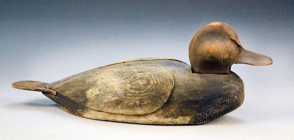 Nickerson Family Red Head Drake Duck Decoy: Wooden decoy, nicely carved, Cape Cod, Mass., circa 1900-1930, 15.5" L, wear commensurate with age.