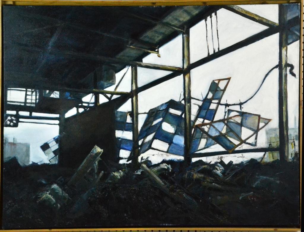Oil Painting On Canvas Depicting An Industrial Scene: Depicting an abandoned and decimated industrial complex, apparently unsigned but very well done, 30"H X 40"W sight, framed in plywood shadow box frame.