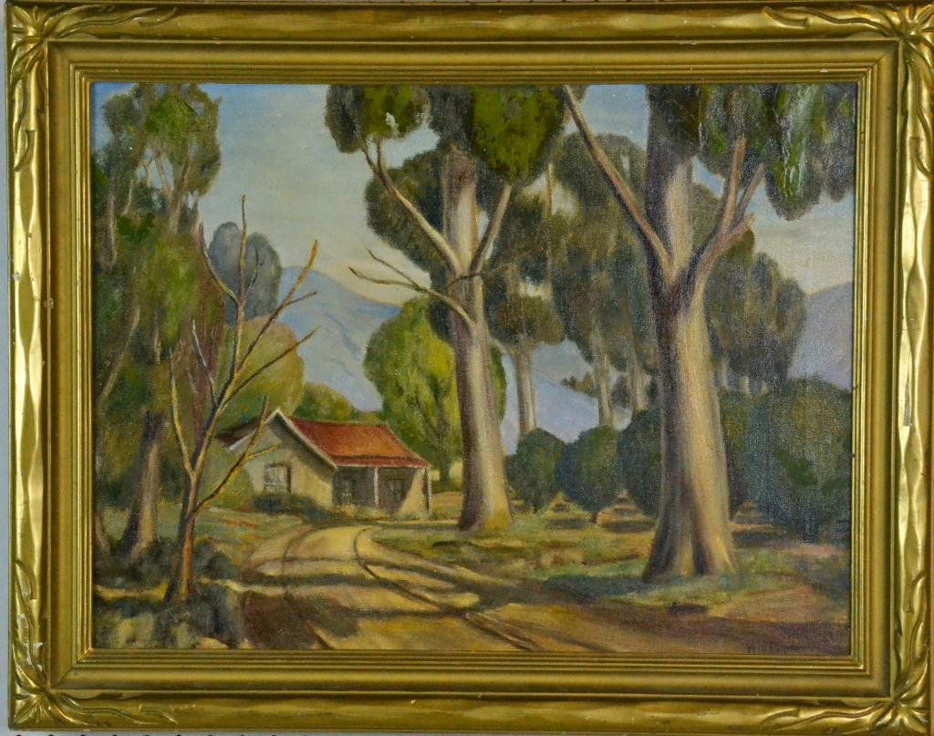 William Payne Oil Painting on Canvas: Depicting a California landscape with large trees and small cabin, signed lower right. William Payne was a California artist working in the early and mid-20th century and known for his landscape, 18"H