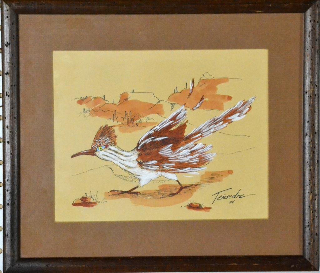 Teissedre Ink & Guache Drawing: Depicting a Roadrunner, signed and dated '74 LR, 7.5" H x 9.25" W sight, 12" H x 14" W framed, circa 20th century, good condition. Private collection of Charlevoix, Michigan lady and gentleman.