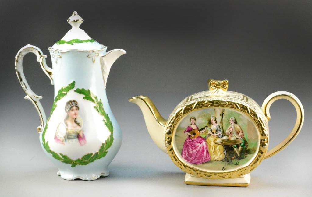 (2) Porcelain Sadler Teapot & Bavarian Pot: Chocolate pot depicting Napoleon and Josephine, having gilt decoration, initials CD on lower left of Napoleon painting, marked PM and Bavaria in green on bottom, along with oval Sadler teapot with fig