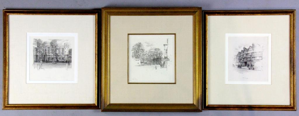 (3) Thomas Way Lithographs on Paper: Depicting Wimbledon, the Staple Inn and Christ's Hospital, all in England, each signed T. R. Way, (1851-1913) a noted British lithograph who taught Whistler the art, largest is 7.5" H x 8" W sight, 18