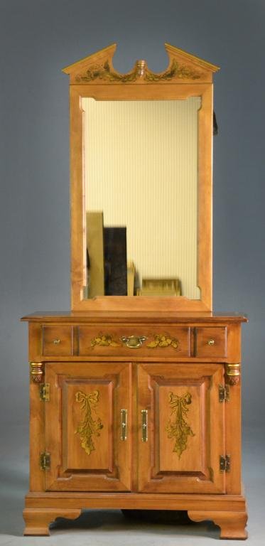 (2) Maple Hall Table and Mirror: One drawer above two doors decorated with leaf designs, 31.5" H x 32" W x 12.5" D, circa 20th century, mirror has missing fiinial but overall good condition. Estate of Cecelia Wolfe-Penny, Flint, Mich