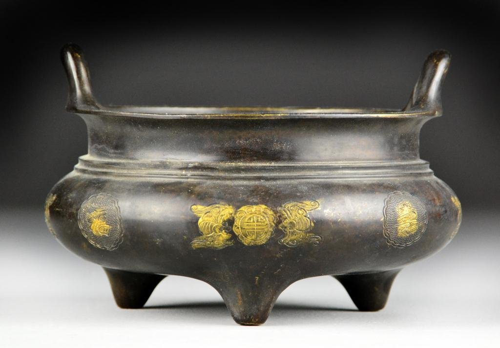 Chinese Bronze Tripod Censer: Finely molded with bats and longevity symbols, with four character mark to underside, 4"H X 5.75"D. Private collection Rochester Hills Michigan.