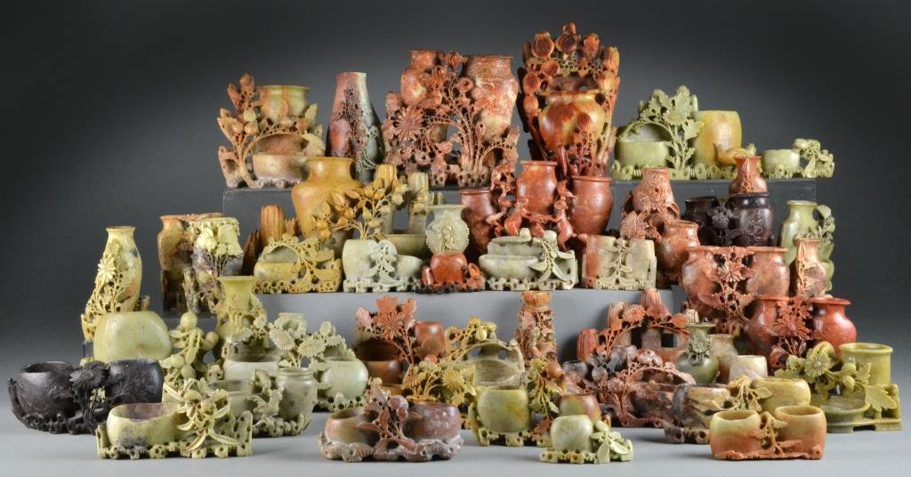 (44) Sm. Chinese Carved Soapstone Vases: Various sizes of soapstone vases carved to depict flowers, fruit, etc., largest measures 8"H.