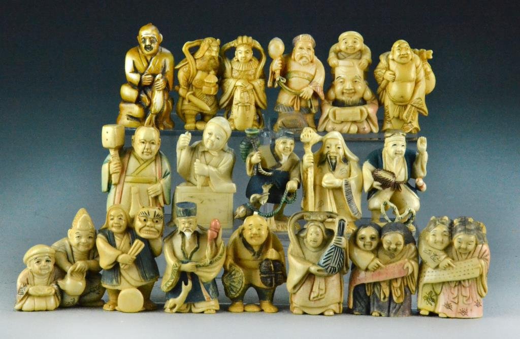 (18) Japanese Ivory Netsuke's: All carved to depict various figures in different poses, some polychrome painted, 13 signed, tallest is 2.5"H, circa early 20th century. Property of a Imlay City, Michigan Lady.