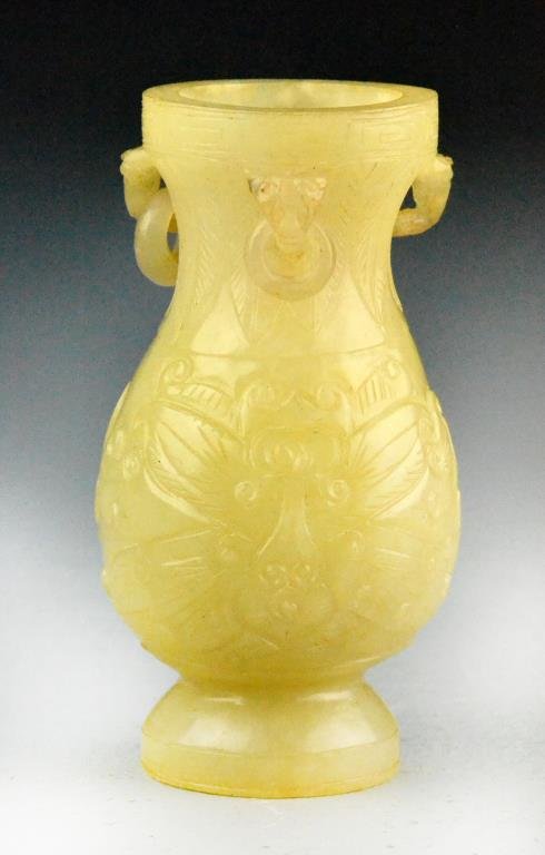 Chinese Qing Carved Serpentine Jade Vase: Depicting butterflies and flowers, 4"H, circa 19th century. Property of a Houston Texas Gentleman.