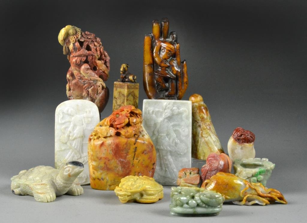 (15) Pcs. Chinese Carved Jade & Hardstone: To include jade plaques, carved jade animal figures, soapstone carvings, a seal chop and other hardstone examples, largest is 5.75"H.