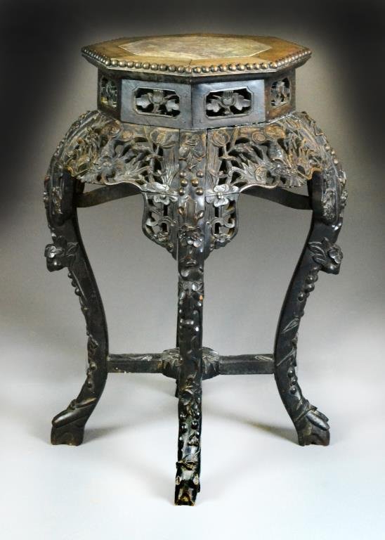 Chinese Qing Rosewood Marble Inlaid Plant Stand: Finely carved to depioct bats, coins, and flowers, marble inlay with several characters to bottom, 25"H, circa 19th century or earlier. Private collection, West Bloomfield Michigan.