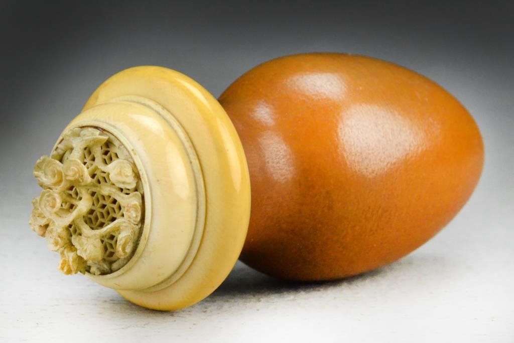 Chinese Qing Molded Gourd Cricket Cage: In chicken heart shape, having carved ivory rim and lid, lid depicting ruyi clouds, 5"L, circa 19th century. Property of a Houston Texas Gentleman.