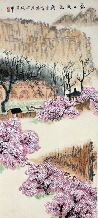 Chinese Scroll Painting Manner of Qia Songyan: Chinese Scroll Painting Manner of Qia Songyan. Polychrome painting depicting many cherry trees in mountainous landscape, with one line of calligraphy and one red seal mark, 23" W x 63" L. Condition: g