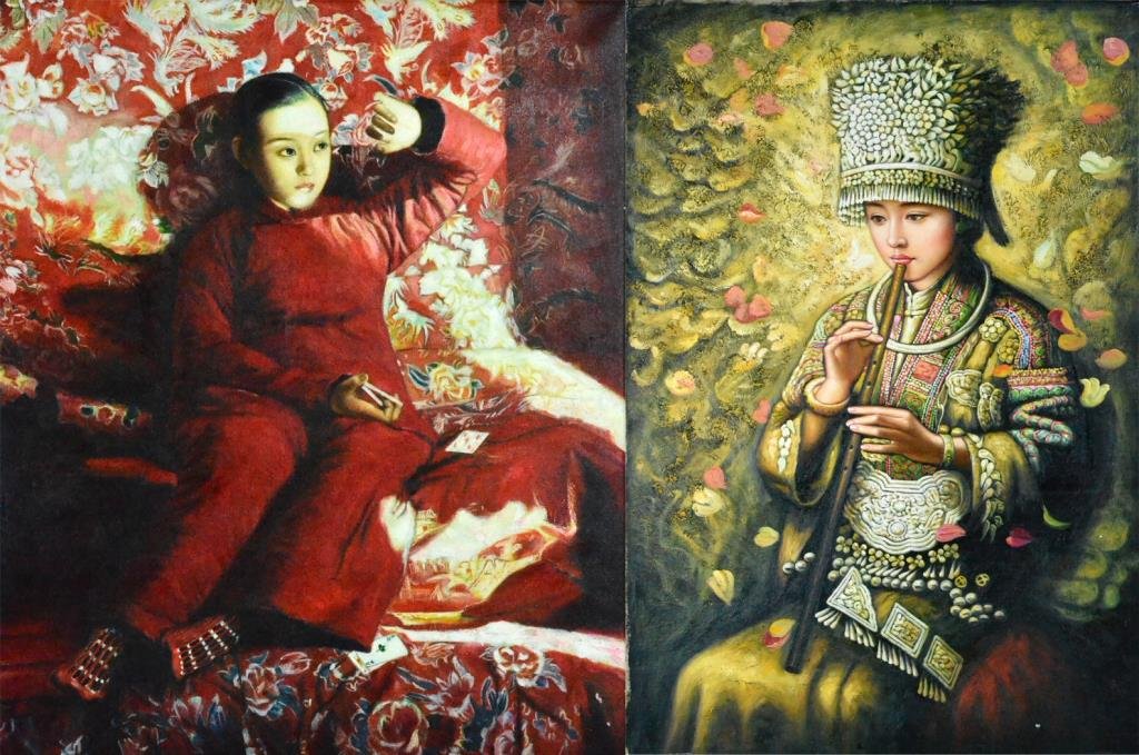 (2) Chinese Contemporary Oil Paintings On Canvas: One finely painted to depict a girl in red dress resting and staring in contemplation, 22.75"H X 19"W, possibly by Wang Yidong. Wang Yidong(b. 1955) is a Chinese artist known for his realistic depicti