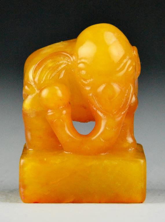 Rare Chinese Tianhuang Elephant Seal: Of square section, surmounted by a standing elephant, the seal face with four characters, Tia Ping Jing Xiang(translated to a peaceful scene), 2.25"H X 1.65"sq, circa 20th century. Property of a Grand