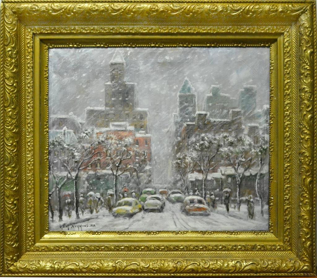 Guy Carleton Wiggins Oil Painting On Canvas: Depicting a winter blizzard in New York City, with multiple figures, trees and automobiles, signed lower left and additionally signed lower verso right, Guy Carleton Wiggins (1883-1962) was a New York