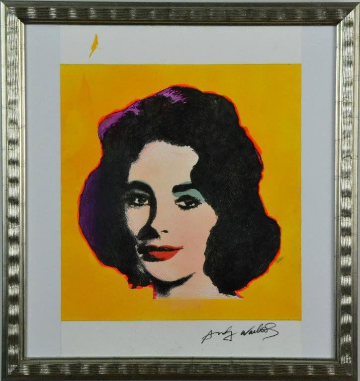Bears Signature Andy Warhol Mixed Media On Paper: Depicting Liz Taylor, signed lower right. Andy Warhol(1928-1987) was a New York/Pennsylvania artist known for pop-modernist multi-images and silk screens. 17.25"H X 12.5"W sight. 16.5"H X 21"H framed.