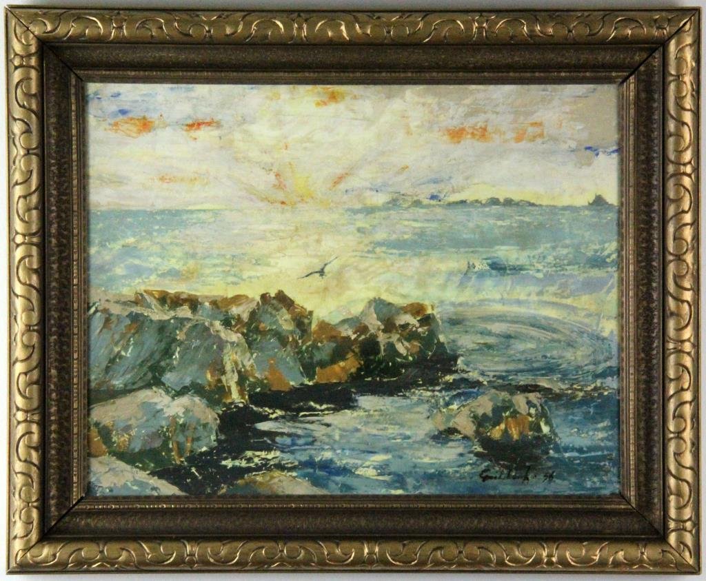 Attributed to Alexis Gritchenko Oil Painting on Board: Depicting a rocky seascape with seagull,signed lower right Gritchenko (1883-1977) was a French/Ukrainian artist known for seascapes and landscapes, 14"H x 17"W sight, 18" Hx 21" W framed. Condition: g