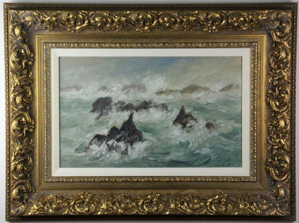 After Claude Monet Oil Painting on Board: Depicting seascape with waves crashing against rocks, 14"H x 23.5"W sight, 27.5"H x 37"W frame, elaborate gilded frame, circa 20th century. Claude Monet(1840-1926) was a French artist known as the fou