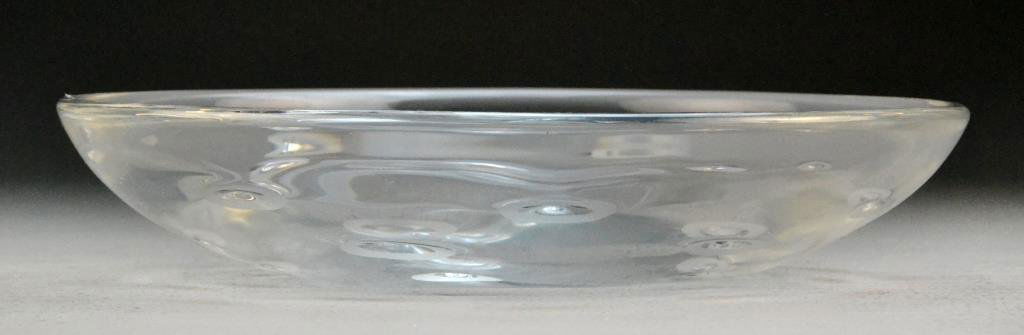 Orrefors Bowl: Heavy circular bowl with spotted etched decorations, signed Orrefors DA, #3386/25 to bottom, 10' Diameter, circa 20th century. Condition: minor scuffs. Property of Adrian, Michigan, gentleman. Propert