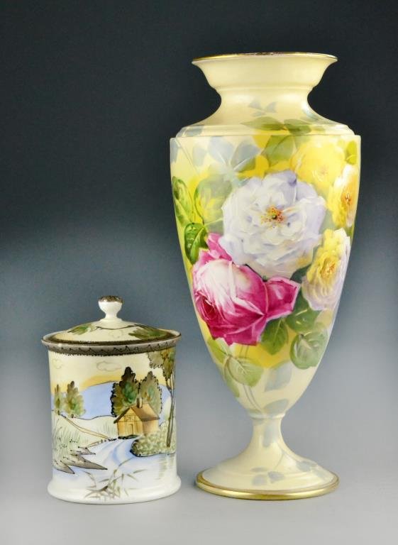 (2) Porcelain Hand-painted Vase andMoriage Humidor: To include Nippon Porcelain Art Deco Moriage humidor with home scene Porcelain marked LFH green mark to bottom 6" H along with porcelain hand-painted 14" vase decorated with multi-colored roses and gi