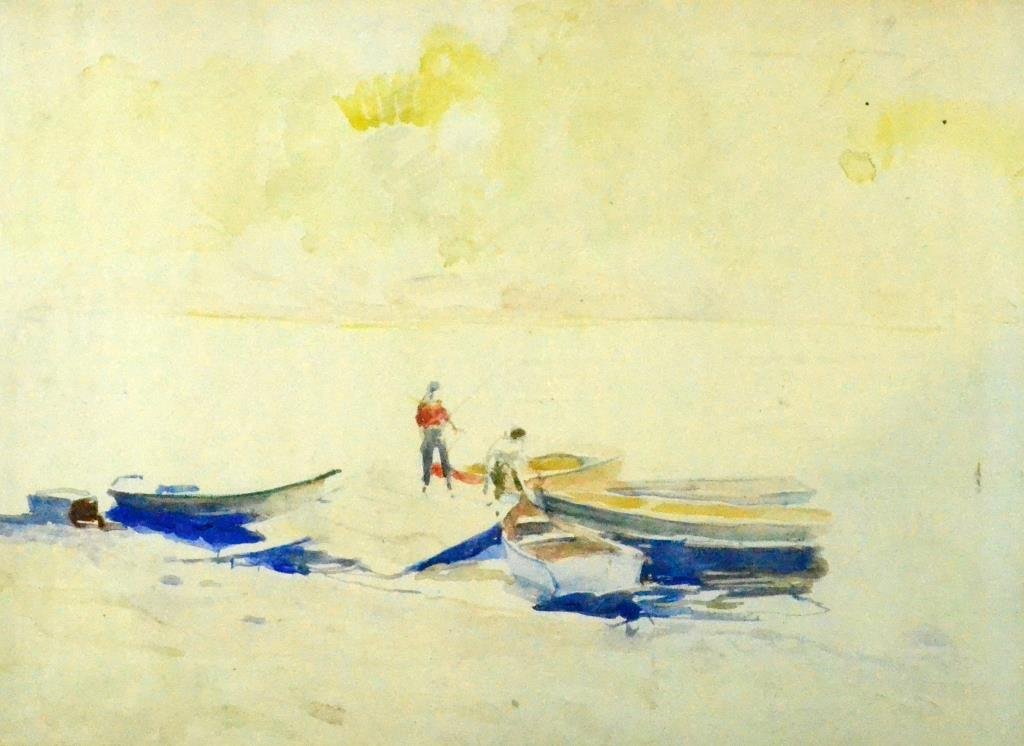 Frank Schoonover Watercolor on Paper - Delaware: Depicting figures fishing on dock near several rowboats, marked to back "Watercolor by Frank E. Schoonover, circa 1956, Delaware River, signed J. R. Schoonover 11/20/76," with tag to back Schoonover G