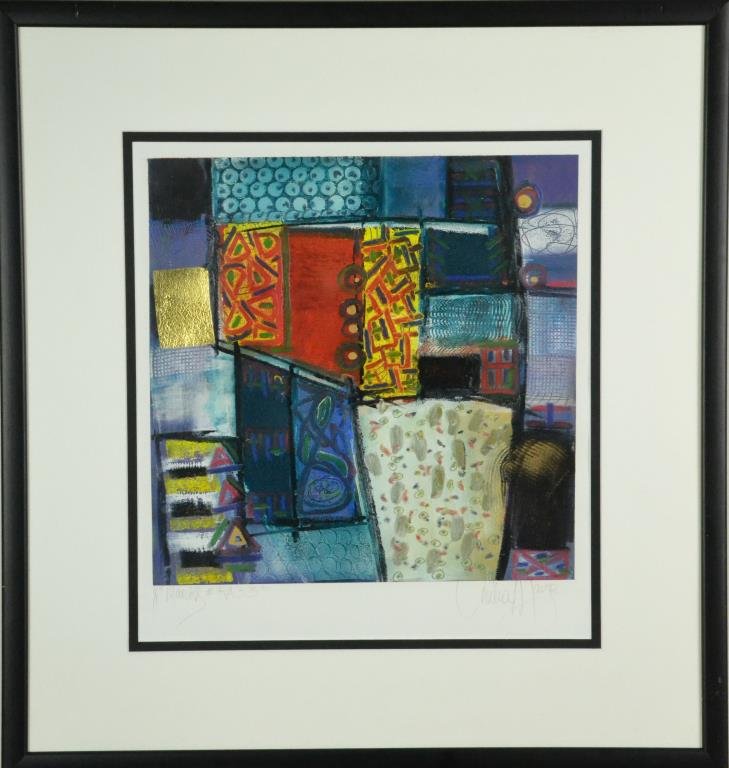 Cecilia Mayr Mixed Media on Paper: Mixed media abstract, signed in pencil lower right Cecilia Mayr, signed lower left in pencil 1/1 "Marks RA 33," American artist known for painting (1955- ), 17"H x 16"W sight, 27"x 15.5" framed, circa