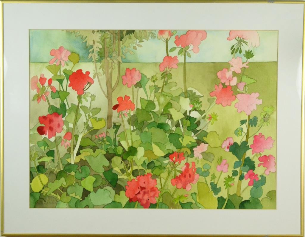 Richard Bilitis Watercolor Painting on Paper: Depicting geranium still life, Richard Bilitis b. 1928, Michigan Artist and Wayne State University instructor and administrator, known for watercolor still life, 19.5" H x 27.5" W sight, 26" H x 34" W
