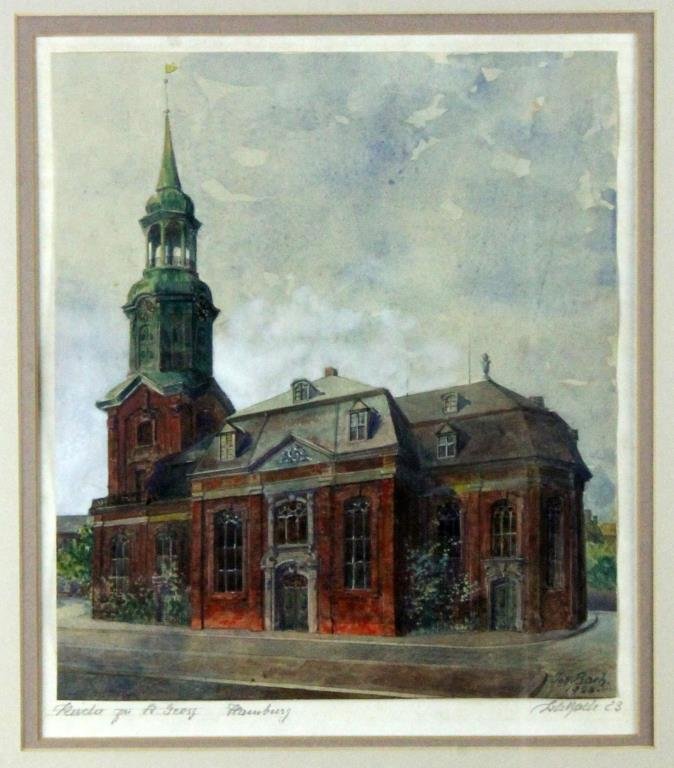 Johannes Bach Watercolor on Paper: Depicting a municipal building with clock tower in Hamburg, Germany, signed lower right in pencil and dated 1923, Joh. Bach, Dutch artist known for pastoral paintings (1866-1943), 11" H x 9.5" W sight