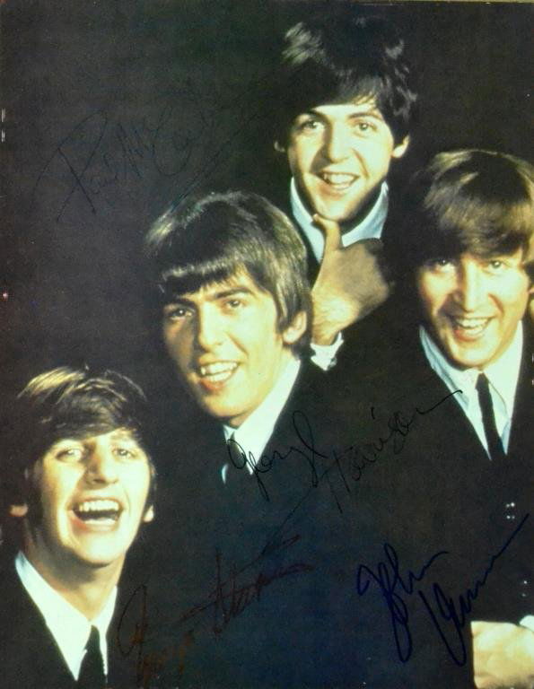 The Beatles Autographed Poster: Signed Paul McCartney, George Harrison, Ringo Starr, and John Lennon, back reads signed 1973/74, 10" H x 8" W. Condition: Good. Private collection Taylor, MI
