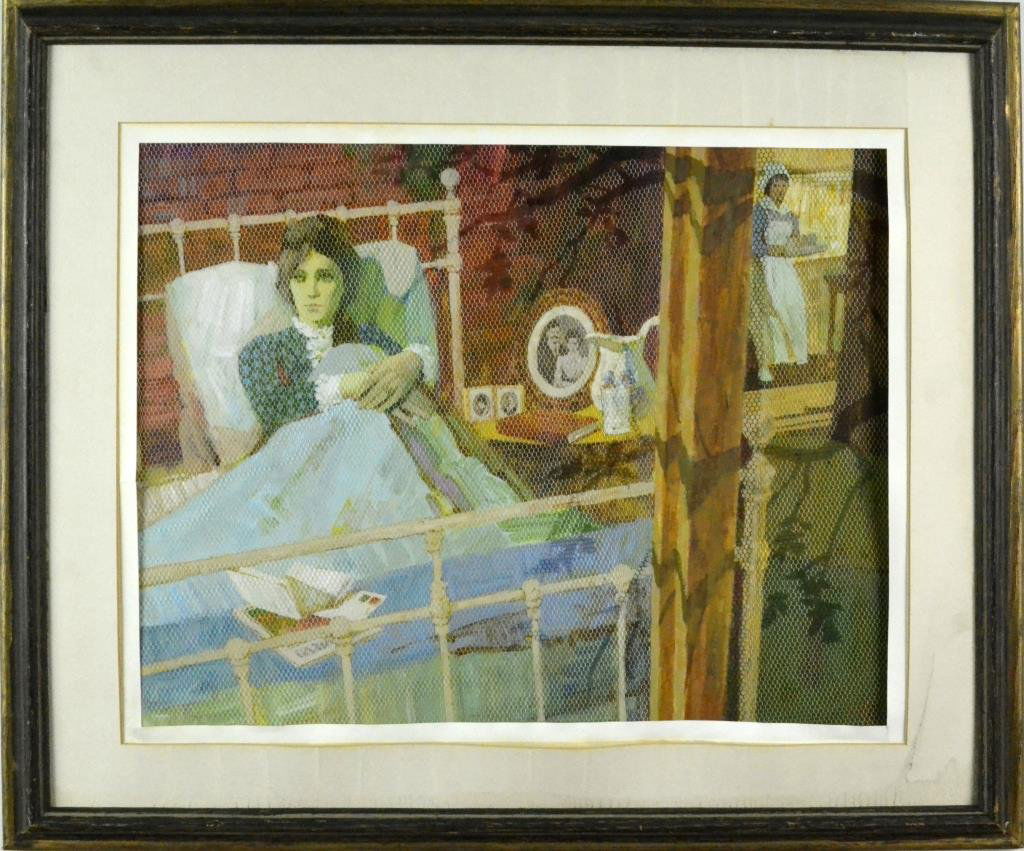 Robert (Bob) Peak Mixed Media Painting on Board: Depicting a sick woman in bed with letters, 15" H x 19" W sight, 22" H x 26" W framed, circa late 20th century. Condition: matting is damaged. Property of Adrian, Michigan, gentleman.