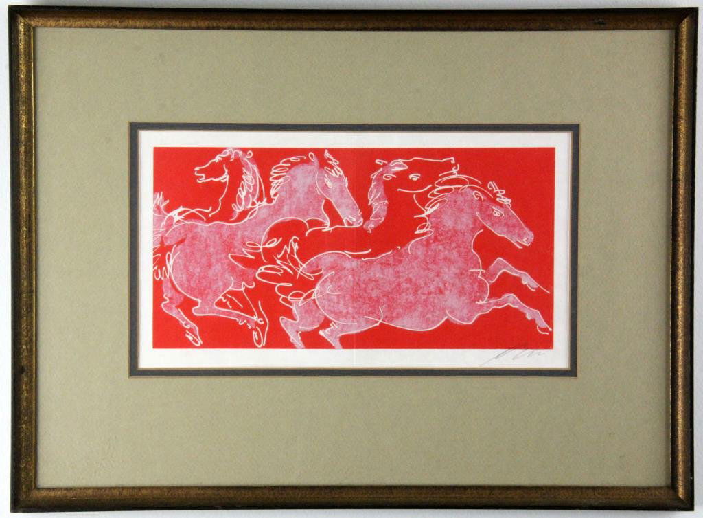 Hans Erni Lithograph: Depicting group of white horses on red background, signed lower right in pencil, Swiss artist known for abstract painting and sculpture (1901- ) 7.5" H x 13" W sight, 15" H x 20.5" W, appears to have