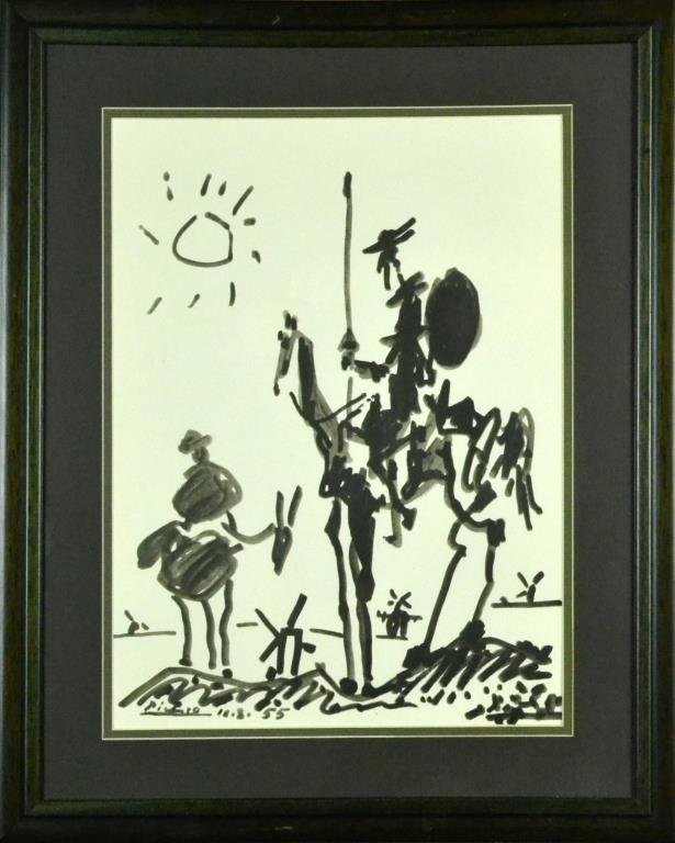 Picasso Print of Don Quixote: Framed print of Picasso's drawing of Don Quixote, signed in print and dated 10/3/55, 15" H x 11" W sight, 21" H x 17" W framed, circa 20th century. Condition: good. Property of Adrian, Michigan, gentl