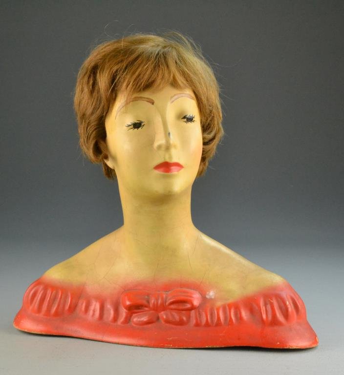Vintage Moreaux Mannequin Bust: Woman's bust marked La Moreaux Mannequins, NYC, circa early 17" H, appears to be real hair wig, composite body weighted with plaster, 20th century. Condition: Overall craquelure and scratch on nose. P
