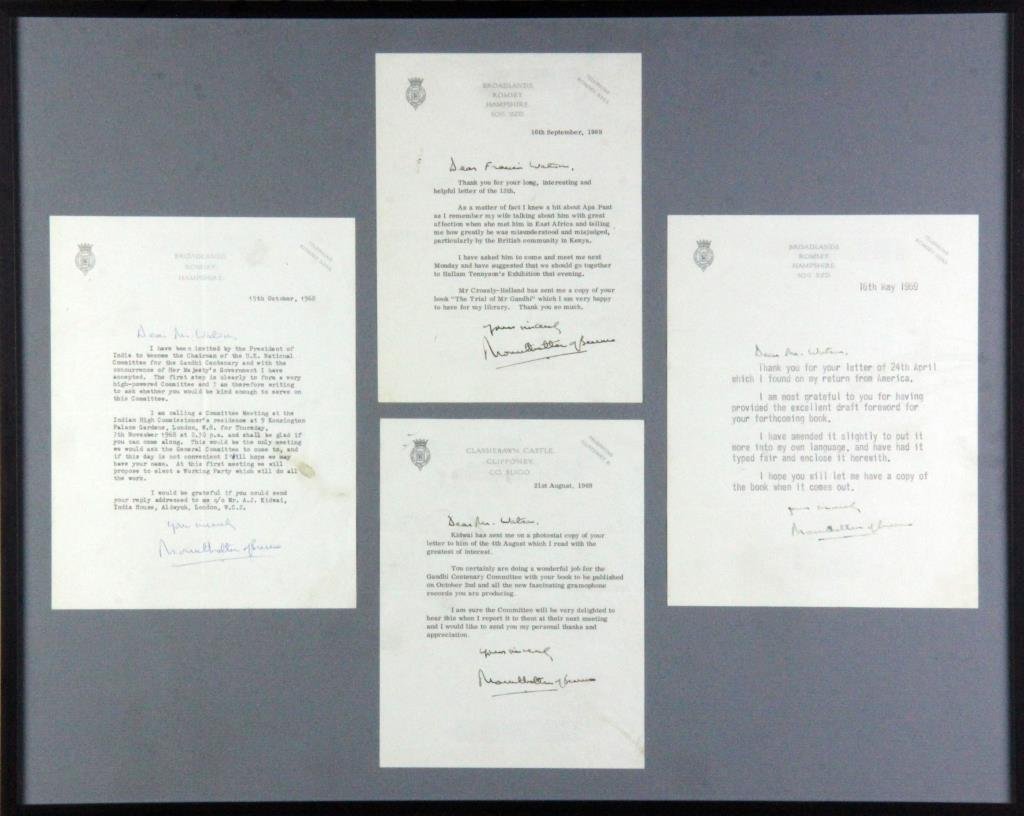 (4) Signed 1968 & 1969 Lord Mountbatten Letters: To include four framed signed letters by Lord Mountbatten (1900 - 1979), to Francis Watson, author of the 1969 book: " The Trial of Mr. Gandhi," dated October 15th 1968 to September 16, 1969, 18.5" H 