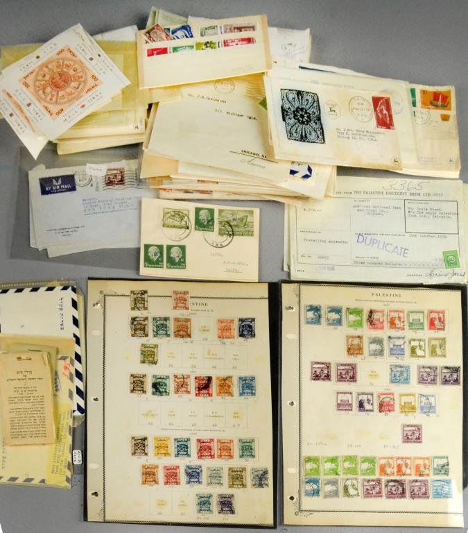 Early Palestine & Israel Covers, Stamps, Soldier Letter: To include a 1930's Bank of Heaven greeting note with a zeppelin hovering over a passenger ship , three Israel Egypt war letters regarding Israeli forces invading Egypt, 60+ early covers, 100+ Israel