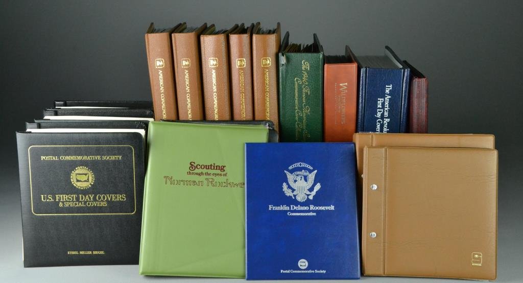 (3) Boxes Of U.S. 1st Day Covers Albums: Three boxes of first day covers & commemorative albums to include: the 1940 Famous American Stamp Series cover collection, Norman Rockwell covers, Spirit of 76 1st day covers, albums of unused block s