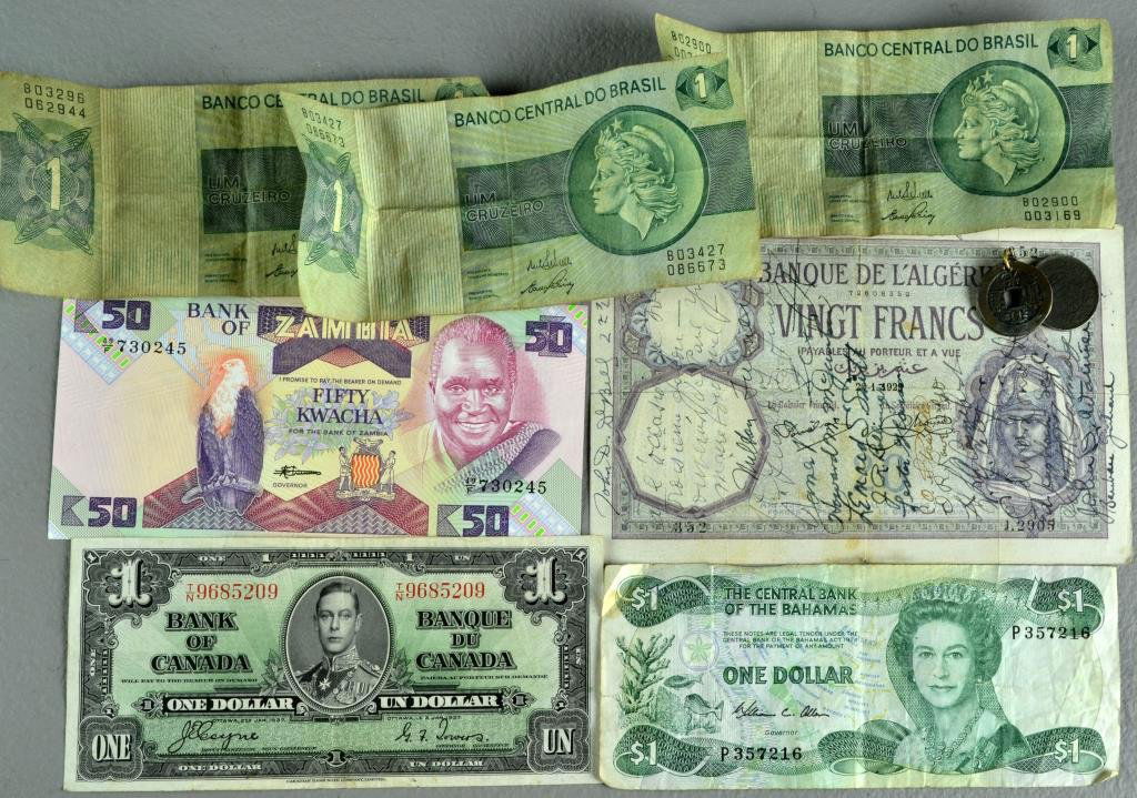 (9) Canada, Algiers, Brazil, Zambia Bills & China, G.B: To include a 1929 Banque De L'Algerie, Vingt Francs note, with some 20 signatures of U.S. soldiers, including two lieutenants, and French women, a Bank of Canada one dollar bill T/N prefix, 1937 serie