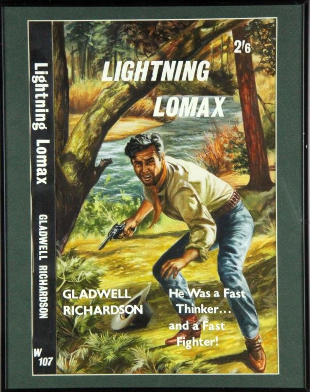 Original Watercolor Book Cover Illustration: An original "Lighting Lomax," Gladwell Richardson, book cover illustration, 15.5" H x 12" W, sight & frame.