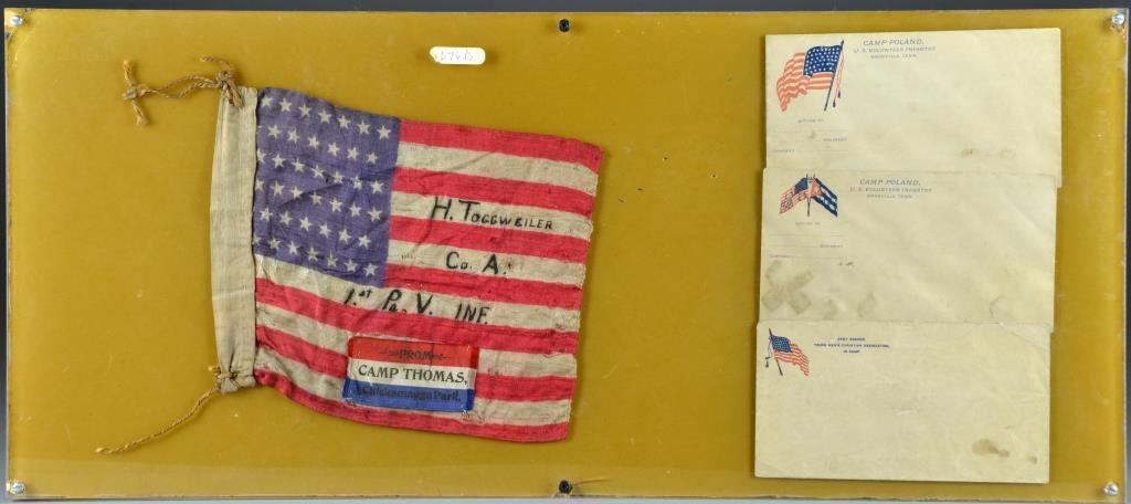 42 Star Miniature U.S. Spanish American War Era Flag: To include a rare 1890 forty two star miniature U.S. flag, signed by "H(enry) Toggweiler, Company A. Ist Pennsylvania Volunteers Infantry," and a small red, white, & blue, banner reading: " From Camp 