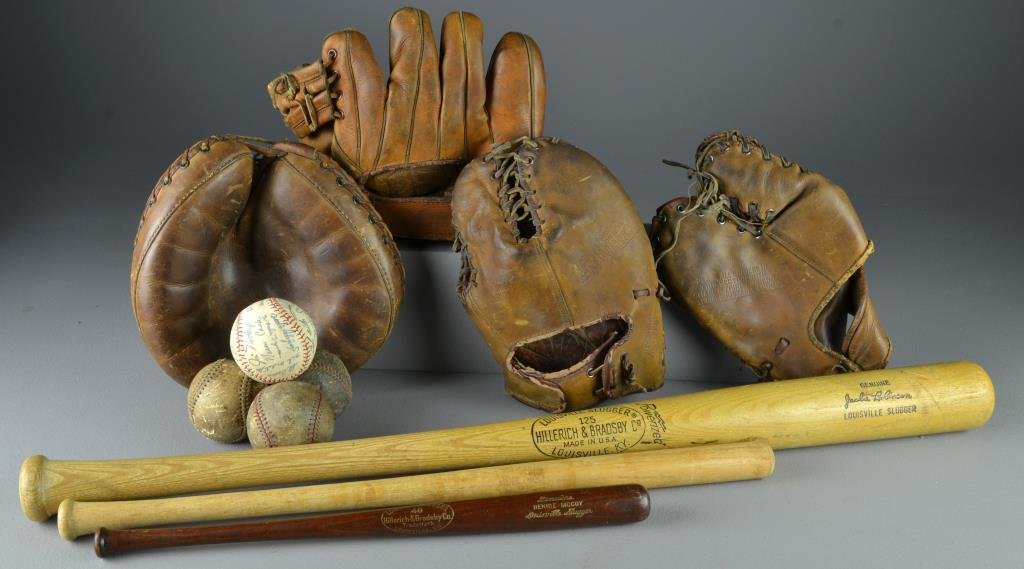 (11) Jackie Robinson Bat, Hal Newhouser Glove, Balls : To include a Hal Newhouser left handed model glove, a Louisville Slugger, Jackie Robinson, model glove, Rick Ferrell, model catcher's mitt, a "Nippy" Jones, left handed Rawlings "Claw," 1st base glove